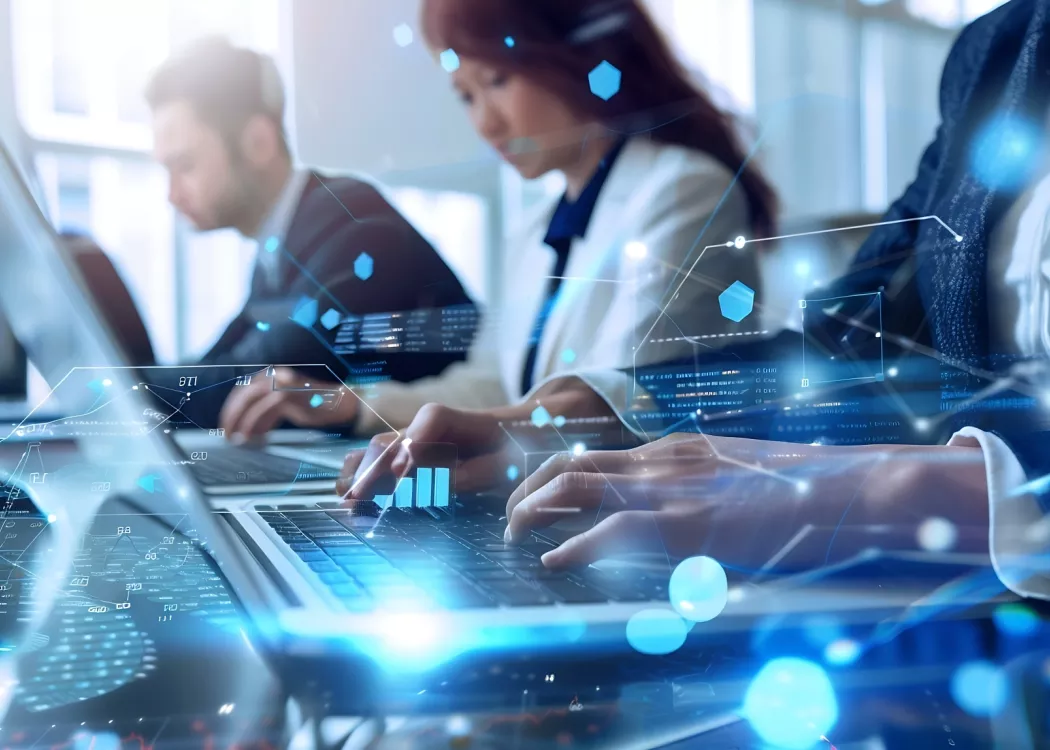 Digital interface over three people using laptops