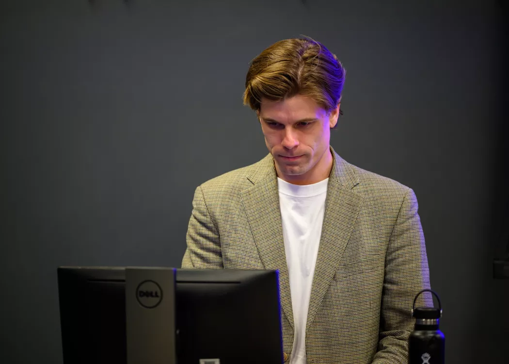 Ryan Froese teaching a class in Bingham Humanities.