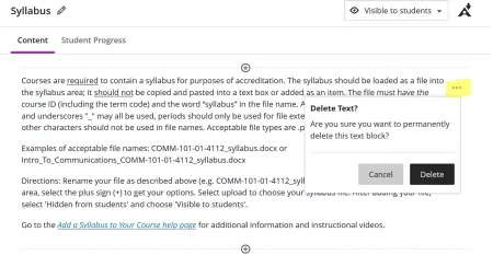 Blackboard Syllabus Content Delete Text Menu