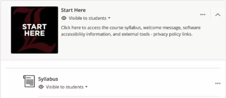 Blackboard Ultra course "Start Here" Section